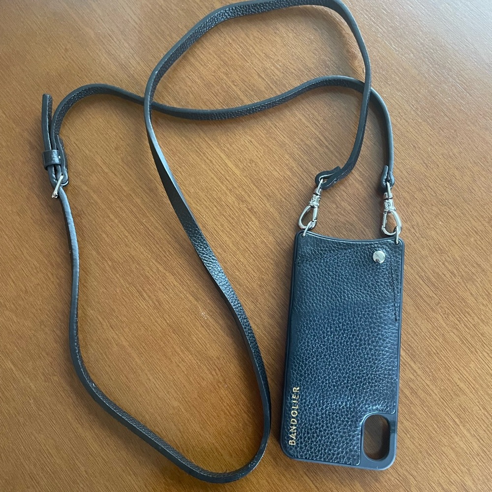 Bandolier Black Crossbody Leather Phone Case with Strap